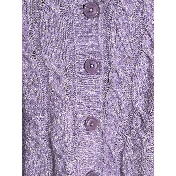 VTG LL Bean Cable Knit Cardigan Womens L Purple Wool Blend Button Cottage - Picture 4 of 12